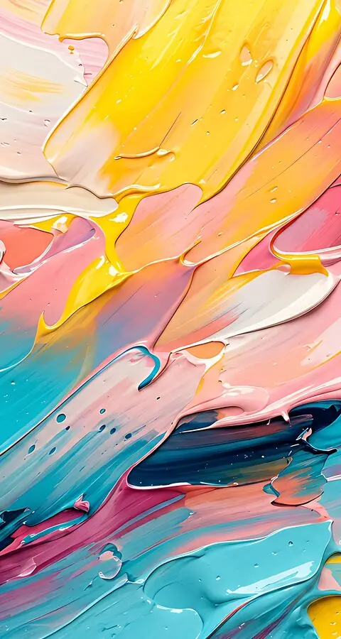 Abstract acrylic paint wallpaper with thick turquoise, coral pink and yellow brushstrokes